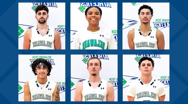 A collage of six student athletes. The top row features Cameron Moore, Tierra Johnson, and Logan Fitch. The bottom row features Drew Zimmerman, Ethan Wilkins, and Toma Smith.